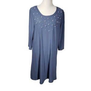 Harlow & Rose Women's sz Large Blue & Faux Pearl Long Sleeve Loose Fitting Dress